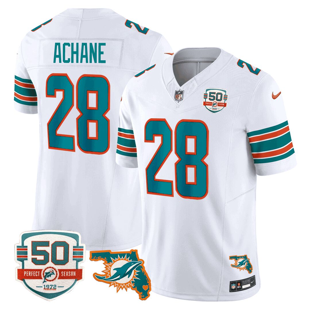 Men Miami Dolphins #28 Achane White 2024 Nike Throwback 50th Perfect Season Florida Patch Vapor NFL Jersey